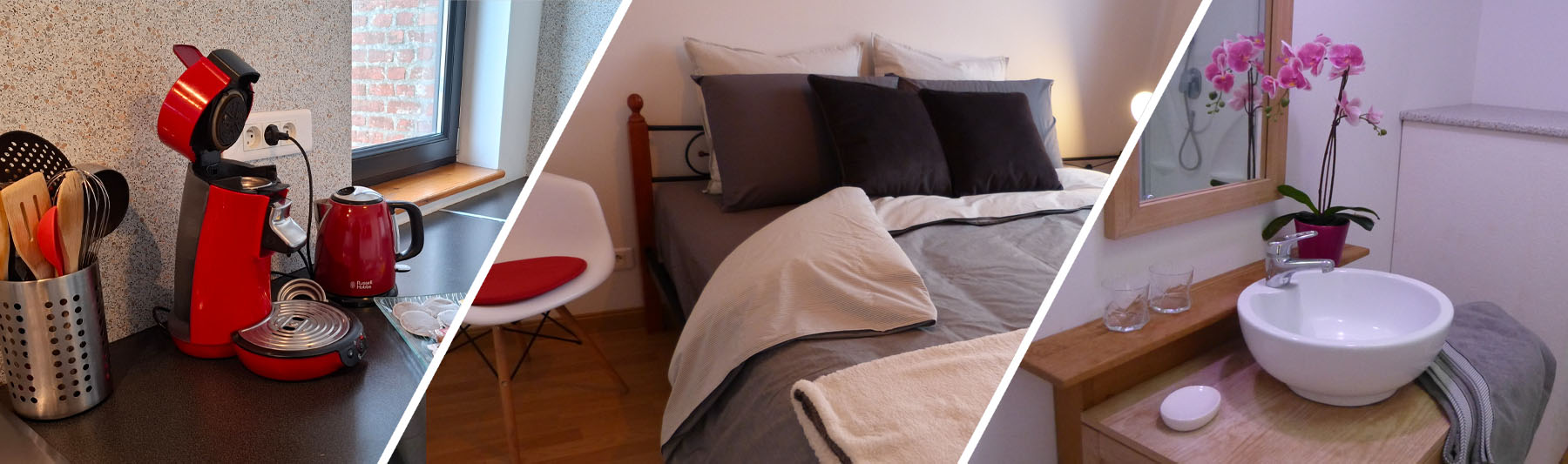 équipement de cuisine Senseo, lit et salle de bain