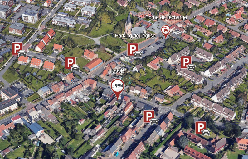 Vu 3d du quartier avec le 99B, les Zone de parking gratuit et borne de recharge.