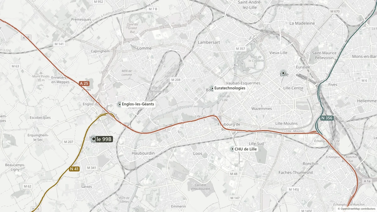 Carte : le 99B à Hallennes-lez-Haubourdin, l’A25 et Lille
